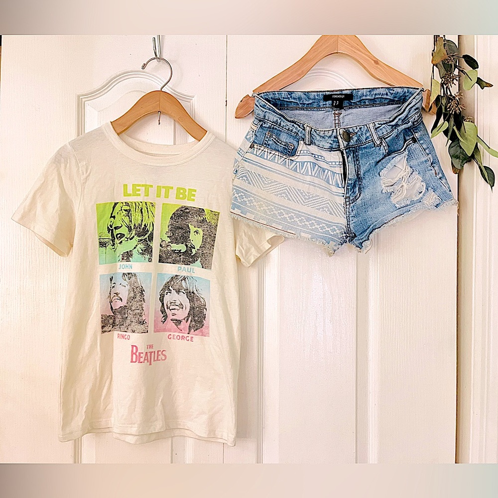 The Beatles Graphic Tee Womens Cream Top & Blue Aztec Print Frayed Jean Shorts